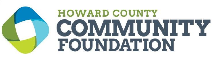 Logo for Howard County Community Foundation, featuring a blue, green, and white abstract icon to the left, with the organization’s name in bold green and dark blue text to the right.